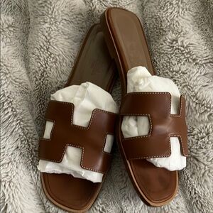 Brown Leather Slide Sandals